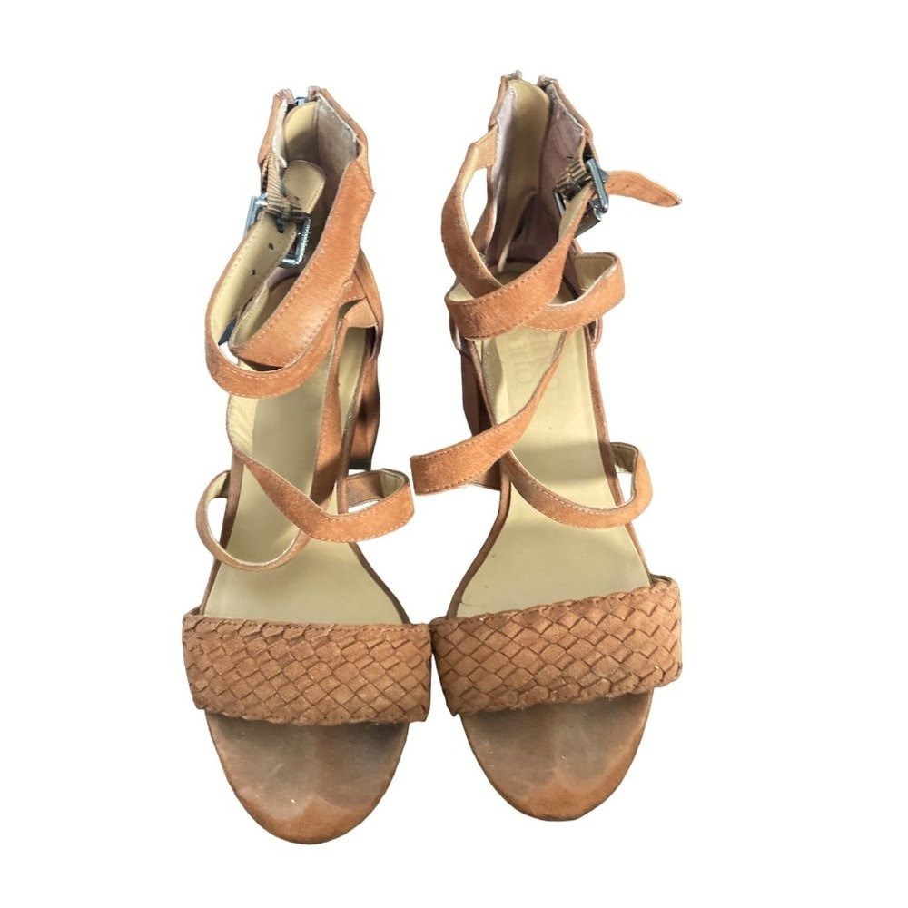 Franco Sarto Sandals Womens 7.5 Cognac Tan Good Woven Strappy Block Heel Suede